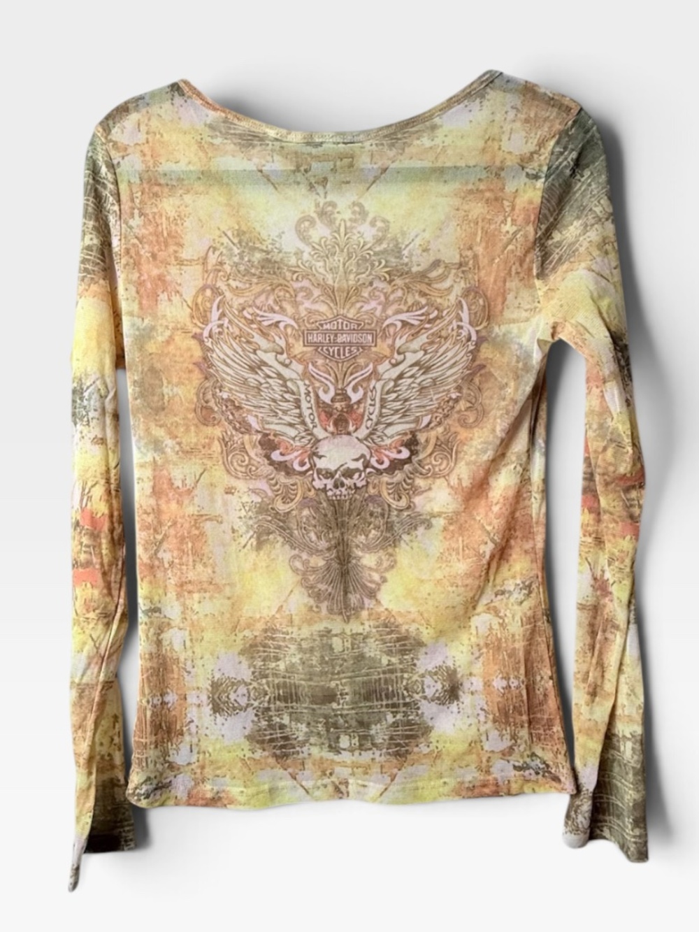 Harley Davidson Yellow Sheer Mesh Longsleeve Top Women's Size Medium (X) - Picture 2 of 6